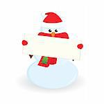 Cute little snowman with banner for your text. Vector illustration.