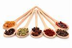 Spice selection of mace, cloves, cardamon pods, star anise, saffron, allspice and chillies in wooden spoons, isolated over white background.