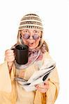 Crazy New-Age Woman in Yellow Robe with Coffee and Newspaper