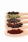 Saffron, star anise, allspice berries, cardaman pods and cloves in wooden cooking spoons, isolated over white background. Focus on the saffron.