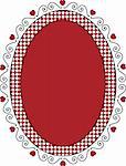 Oval Valentine frame or tag with red copy space, curly hearts and gingham trim.