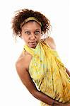 Pretty African American Woman on White Background in Green Wrap Dress