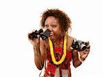 Funny African-American Tourist with Binoculars and Camera