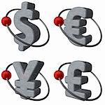 red balls flys around dollar, euro, yen and pound symbols - 3d illustration