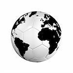 3D isolated Black and white soccer ball with world map, world football cup 2010