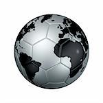 3D isolated silver soccer ball with world map, world football cup 2010