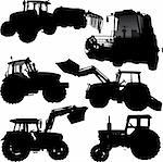 Set of vector silhouettes of tractor and combine