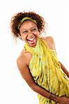 Pretty African-American Woman in Green Wrap Dress on White Background Laughing