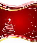 Christmas card on red gradient background with a stylized Christmas tree and snowflakes made in illustrator cs4