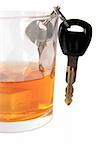 bourbon with keys inside glass on white background depicting drunk driving and addictions can kill