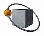 golden ball fly around a metal cube - 3d illustration