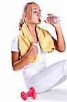 woman holding a bottle of water on a white background
