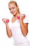 pink dumbbells in the hands of women on a white background