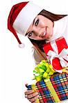 beautiful woman with holiday gift on a white background