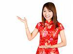 Chinese Asian woman in Traditional Chinese Cheongsam gesturing.