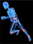 3d rendered x-ray illustration of a running skeleton with highlighted joints