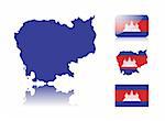 Cambodian map including: map with reflection, map in flag colors, glossy and normal flag of Cambodia.