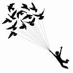 Vector silhouette of a boy carried by flying pigeons