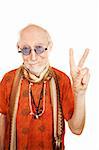 New age senior man in orange shirt making peace sign