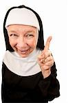 Funny Nun with Happy Expression on her Face Pointing a Finger