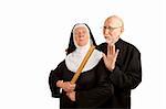 Funny priest warning about angry nun with ruler as weapon