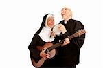 Portrait of funny musical priest and nun with instruments