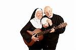 Priest with bongo and nun with a guitar