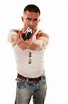 Hispanic man pointing a handgun gangster style