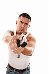 Portrait of Muscular Hispanic Man Pointing Gun