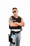 Portrait of Tough Latino Cop on White Background