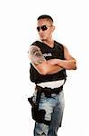 Tough Hispanic Cop with Pistol in Bulletproof Vest