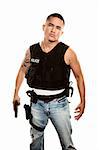 Tough Hispanic Cop with Pistol in Bulletproof Vest