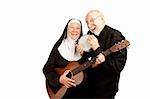 Funny priest and nun with musical instruments on white background