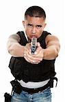 Tough Latino Cop Pointing Pistol at Camera