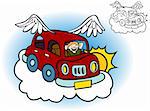 Cartoon of a flying car with wings floating above the clouds.