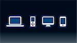 Vector icons of MP3 player, laptop, desktop and phone.
