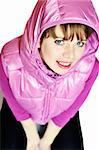 attractive young girl wearing pink jacket and hood