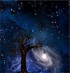 Tree with hanging light bulb and galaxy in starscape
