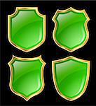 green shields with gloden border; design set with various shapes