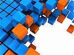 3d illustration of boxes stucture background, orange and blue colors
