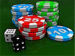 3d illustration of casino chip rows and two dices
