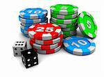 3d illustration of casino chips and two dices, over white background