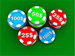 3d illustration of casino chips over green background, top view