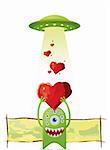 Alien gives a love to UFO. Colorful vector illustration.