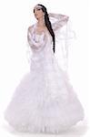 Wedding bride dressed in white dress in white background