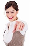 Portrait of young brunette women smiling and pointing at you on a white isolated background