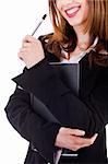 Business lady smiling with file and pen on a white background