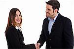 Business man welcoming a women by shake hands on a white background