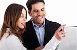 Closeup of business people with laptop on a white background