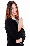 Young professional businesswoman holding a pad and smiling on a white background